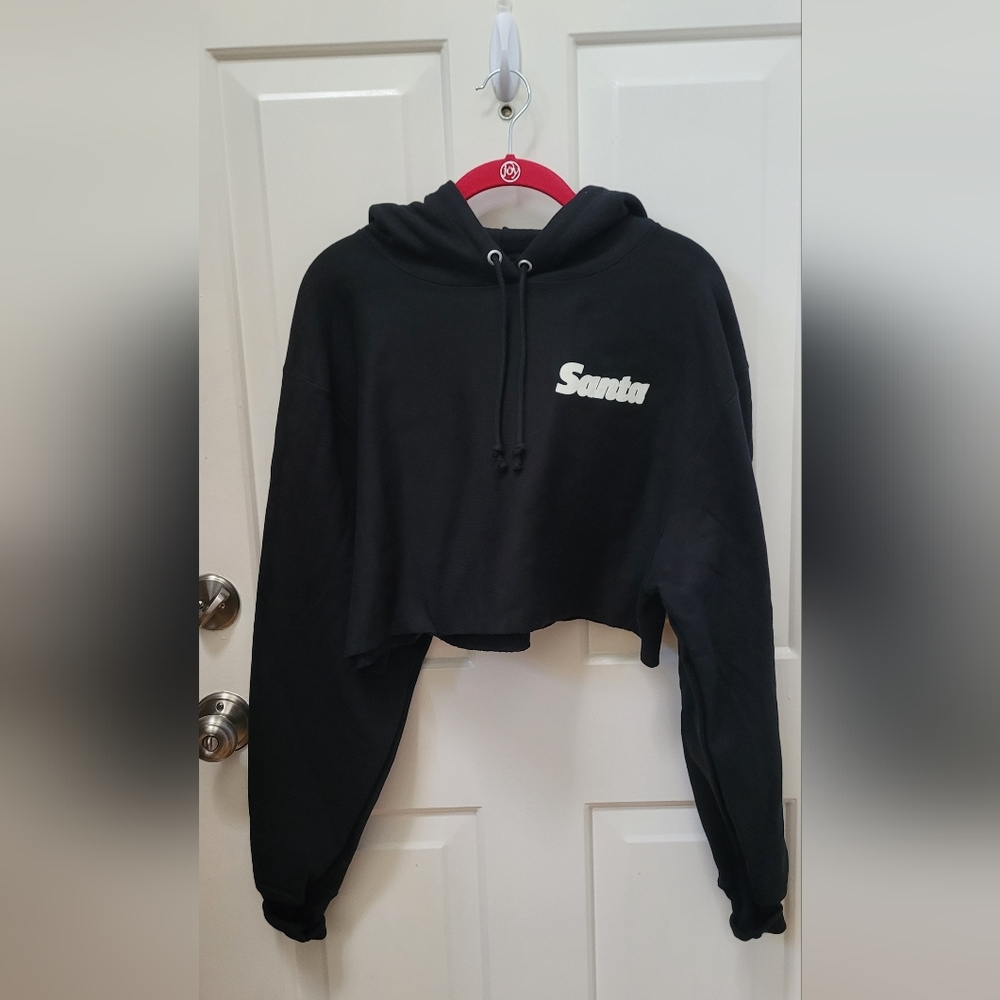 Champion Reverse Weave Black Cropped Hoodie w/the word "Santa" Embroider…